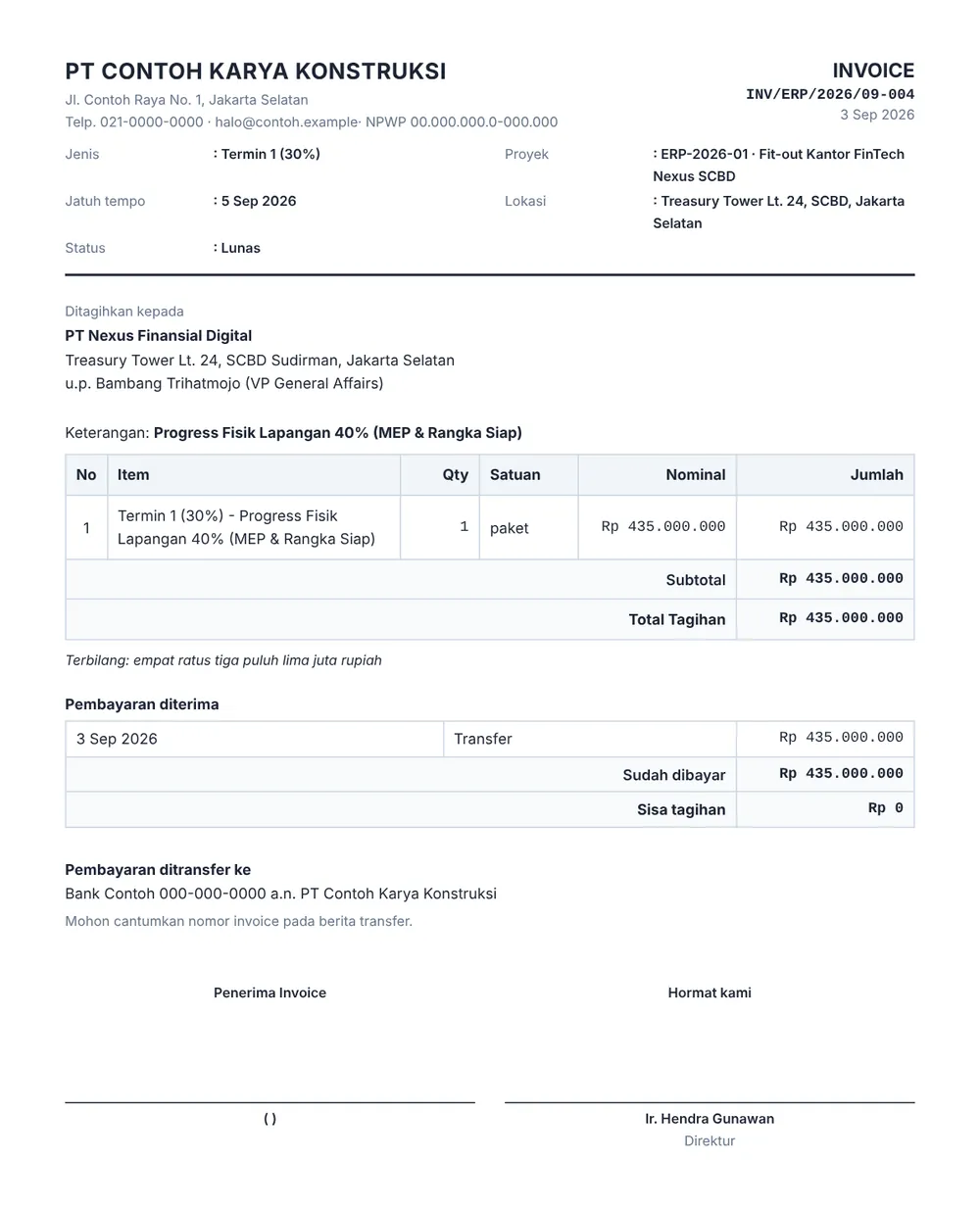 Contoh invoice siap cetak dengan kop perusahaan, rincian tagihan, pembayaran diterima, dan rekening transfer.