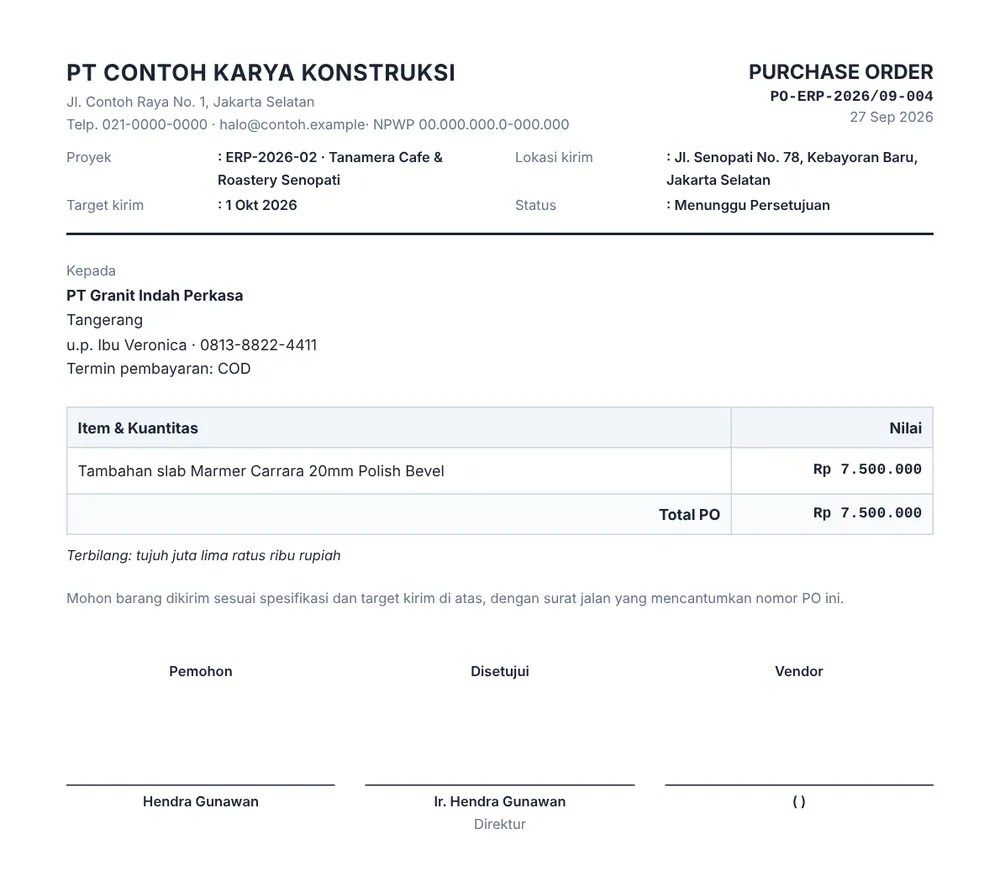 Contoh Purchase Order siap cetak dengan kop perusahaan, rincian vendor, total, dan kolom tanda tangan.